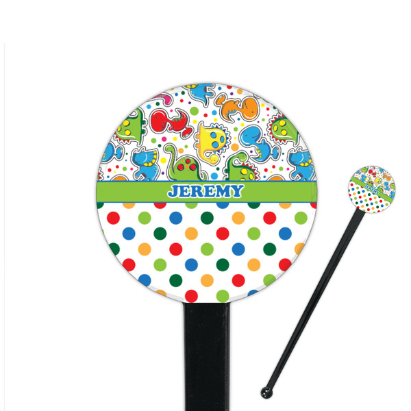 Custom Dinosaur Print & Dots 7" Round Plastic Stir Sticks - Black - Single Sided (Personalized)