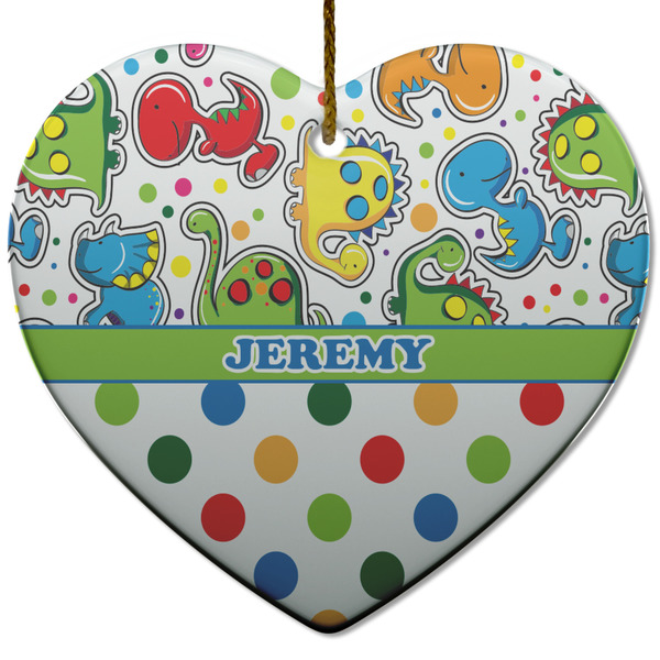 Custom Dinosaur Print & Dots Heart Ceramic Ornament w/ Name or Text