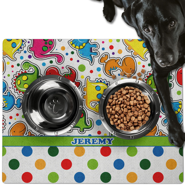 Custom Dinosaur Print & Dots Dog Food Mat - Large w/ Name or Text