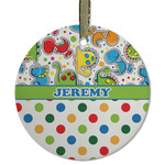 Dinosaur Print & Dots Flat Glass Ornament - Round w/ Name or Text