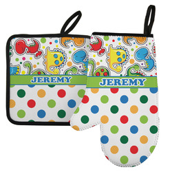 Dinosaur Print & Dots Left Oven Mitt & Pot Holder Set w/ Name or Text