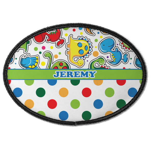 Custom Dinosaur Print & Dots Iron On Oval Patch w/ Name or Text