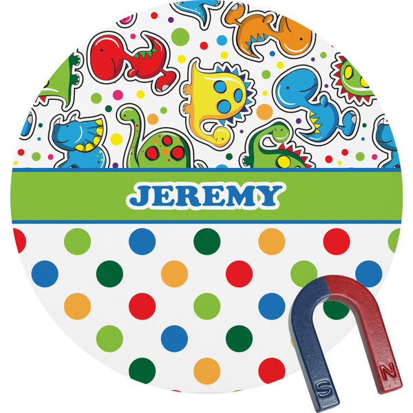 Custom Dinosaur Print & Dots Round Fridge Magnet (Personalized)