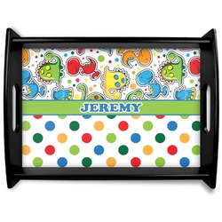 Dinosaur Print & Dots Black Wooden Tray - Large (Personalized)