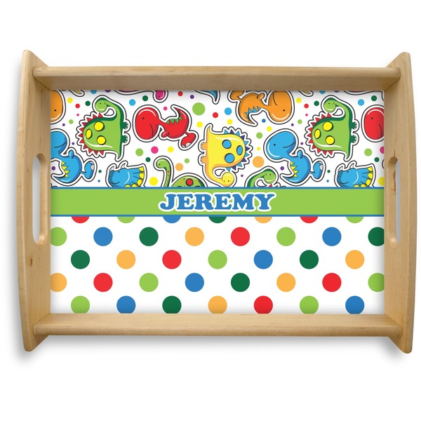 Custom Dinosaur Print & Dots Natural Wooden Tray - Large (Personalized)