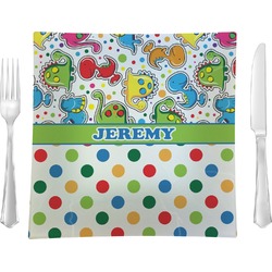 Dinosaur Print & Dots Glass Square Lunch / Dinner Plate 9.5" (Personalized)