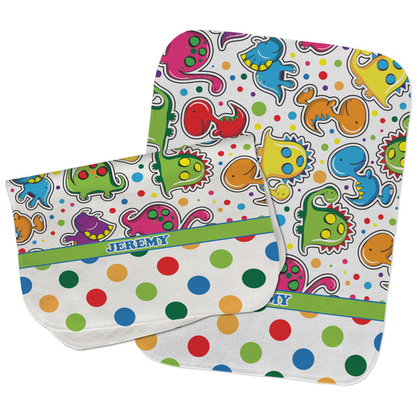 Custom Dinosaur Print & Dots Burp Cloths - Fleece - Set of 2 w/ Name or Text