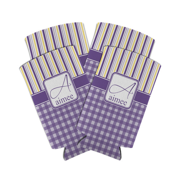 Custom Purple Gingham & Stripe Can Cooler (tall 12 oz) - Set of 4 (Personalized)