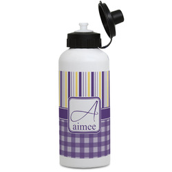 Purple Gingham & Stripe Water Bottles - Aluminum - 20 oz - White (Personalized)