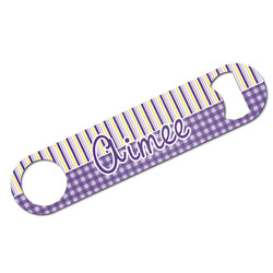 Purple Gingham & Stripe Bar Bottle Opener - White w/ Name and Initial