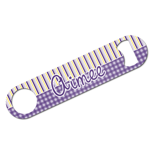 Custom Purple Gingham & Stripe Bar Bottle Opener - White w/ Name and Initial