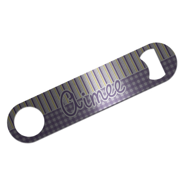 Custom Purple Gingham & Stripe Bar Bottle Opener - Silver w/ Name and Initial