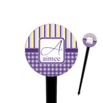 Purple Gingham & Stripe 4" Round Plastic Food Picks - Black - Single Sided (Personalized)