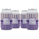 Purple Gingham & Stripe Can Cooler (12 oz) - Set of 4 w/ Name and Initial