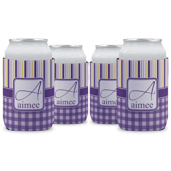 Custom Purple Gingham & Stripe Can Cooler (12 oz) - Set of 4 w/ Name and Initial