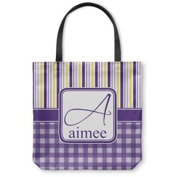 Purple Gingham & Stripe Canvas Tote Bag - Large - 18"x18" (Personalized)