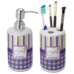 Purple Gingham & Stripe Ceramic Bathroom Accessories Set (Personalized)