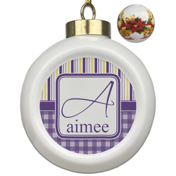 Custom Purple Gingham & Stripe Ceramic Ball Ornaments - Poinsettia Garland (Personalized)