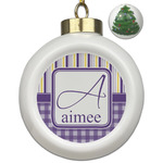 Purple Gingham & Stripe Ceramic Ball Ornament - Christmas Tree (Personalized)