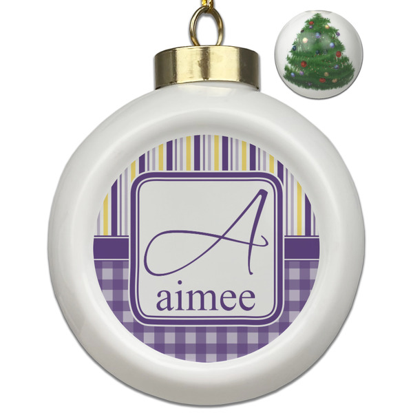 Custom Purple Gingham & Stripe Ceramic Ball Ornament - Christmas Tree (Personalized)