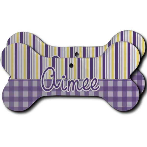 Custom Purple Gingham & Stripe Ceramic Dog Ornament - Front & Back w/ Name and Initial