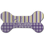 Purple Gingham & Stripe Ceramic Dog Ornament - Front w/ Name and Initial