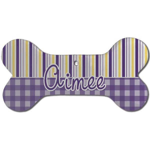 Custom Purple Gingham & Stripe Ceramic Dog Ornament - Front w/ Name and Initial