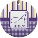 Purple Gingham & Stripe Round Ceramic Ornament w/ Name and Initial