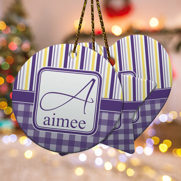 Custom Purple Gingham & Stripe Ceramic Ornament w/ Name and Initial