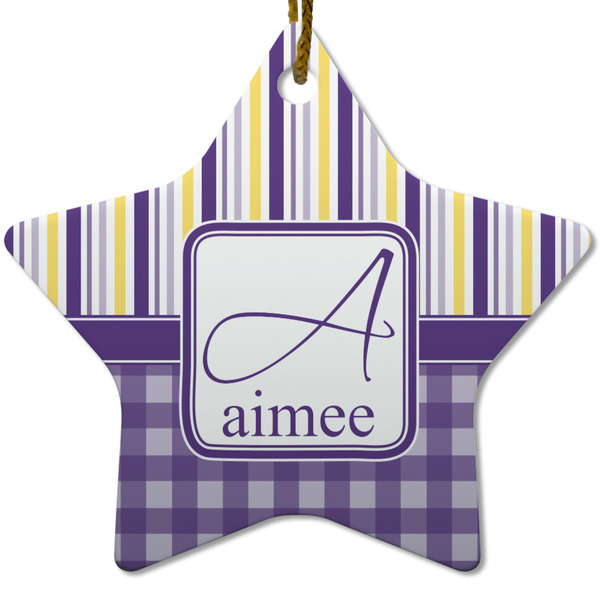 Custom Purple Gingham & Stripe Star Ceramic Ornament w/ Name and Initial