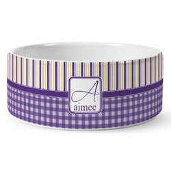 Purple Gingham & Stripe Ceramic Dog Bowl (Personalized)