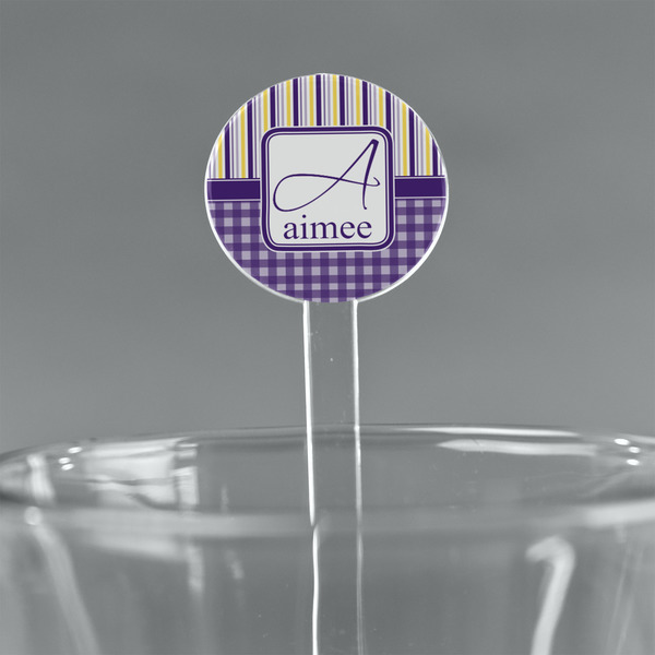 Custom Purple Gingham & Stripe 7" Round Plastic Stir Sticks - Clear (Personalized)