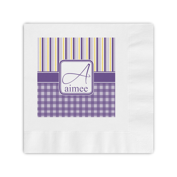 Custom Purple Gingham & Stripe Coined Cocktail Napkins (Personalized)