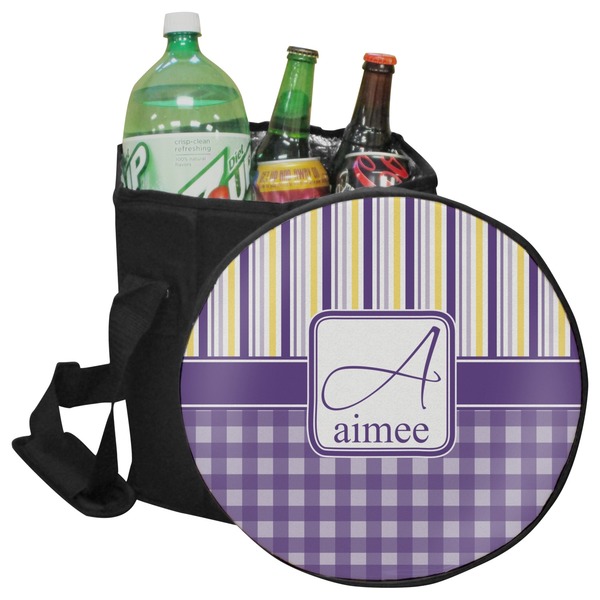 Custom Purple Gingham & Stripe Collapsible Cooler & Seat (Personalized)