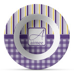 Purple Gingham & Stripe Plastic Bowl - Microwave Safe - Composite Polymer (Personalized)