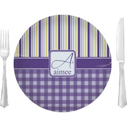 Purple Gingham & Stripe 10" Glass Lunch / Dinner Plates - Single or Set (Personalized)