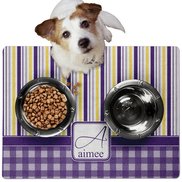 Custom Purple Gingham & Stripe Dog Food Mat - Medium w/ Name and Initial