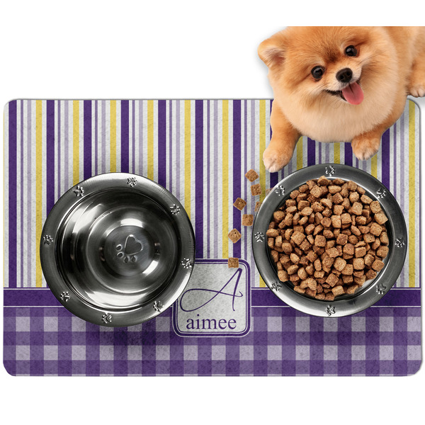 Custom Purple Gingham & Stripe Dog Food Mat - Small w/ Name and Initial