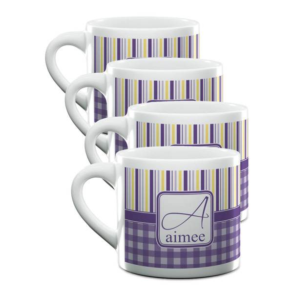 Custom Purple Gingham & Stripe Double Shot Espresso Cups - Set of 4 (Personalized)