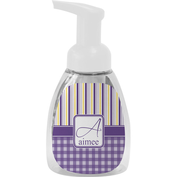 Custom Purple Gingham & Stripe Foam Soap Bottle - White (Personalized)