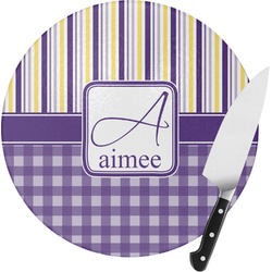 Purple Gingham & Stripe Round Glass Cutting Board - Medium (Personalized)