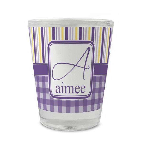 Custom Purple Gingham & Stripe Glass Shot Glass - 1.5 oz - Set of 4 (Personalized)