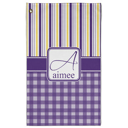 Purple Gingham & Stripe Golf Towel - Poly-Cotton Blend - Large w/ Name and Initial