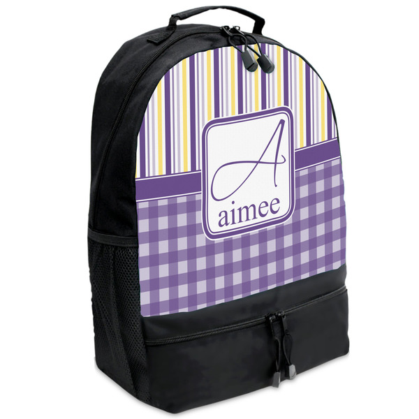 Custom Purple Gingham & Stripe Backpacks - Black (Personalized)