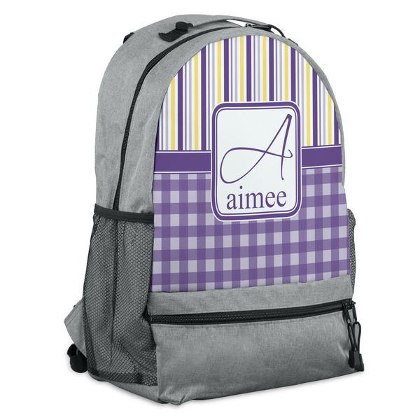 Custom Purple Gingham & Stripe Backpack - Grey (Personalized)