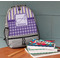 Purple Gingham & Stripe Large Backpack - Gray - On Desk