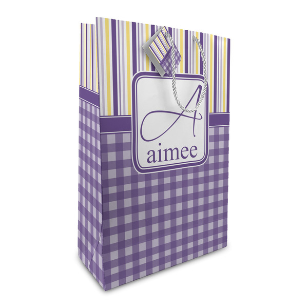 Custom Purple Gingham & Stripe Large Gift Bag (Personalized)