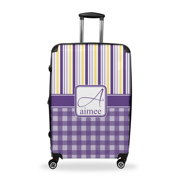 Custom Purple Gingham & Stripe Suitcase - 28" Large - Checked w/ Name and Initial