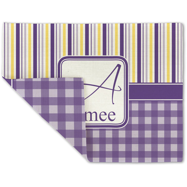 Custom Purple Gingham & Stripe Double-Sided Linen Placemat - Single w/ Name and Initial