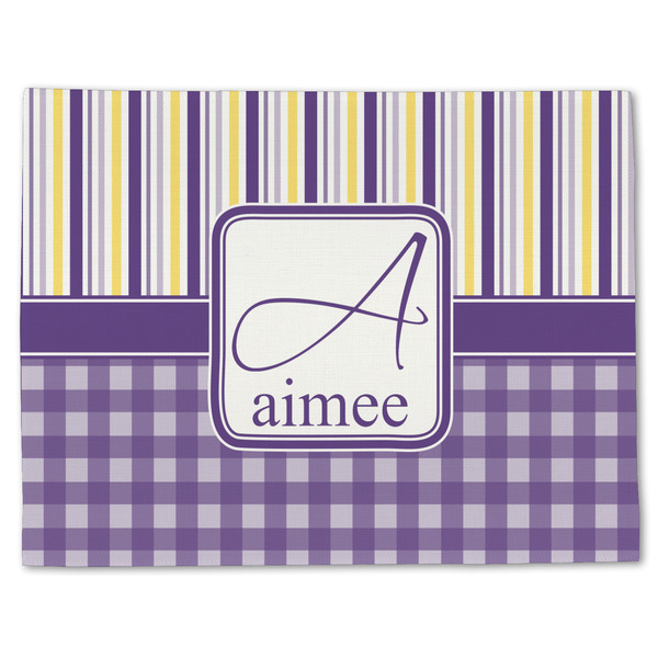 Custom Purple Gingham & Stripe Single-Sided Linen Placemat - Single w/ Name and Initial